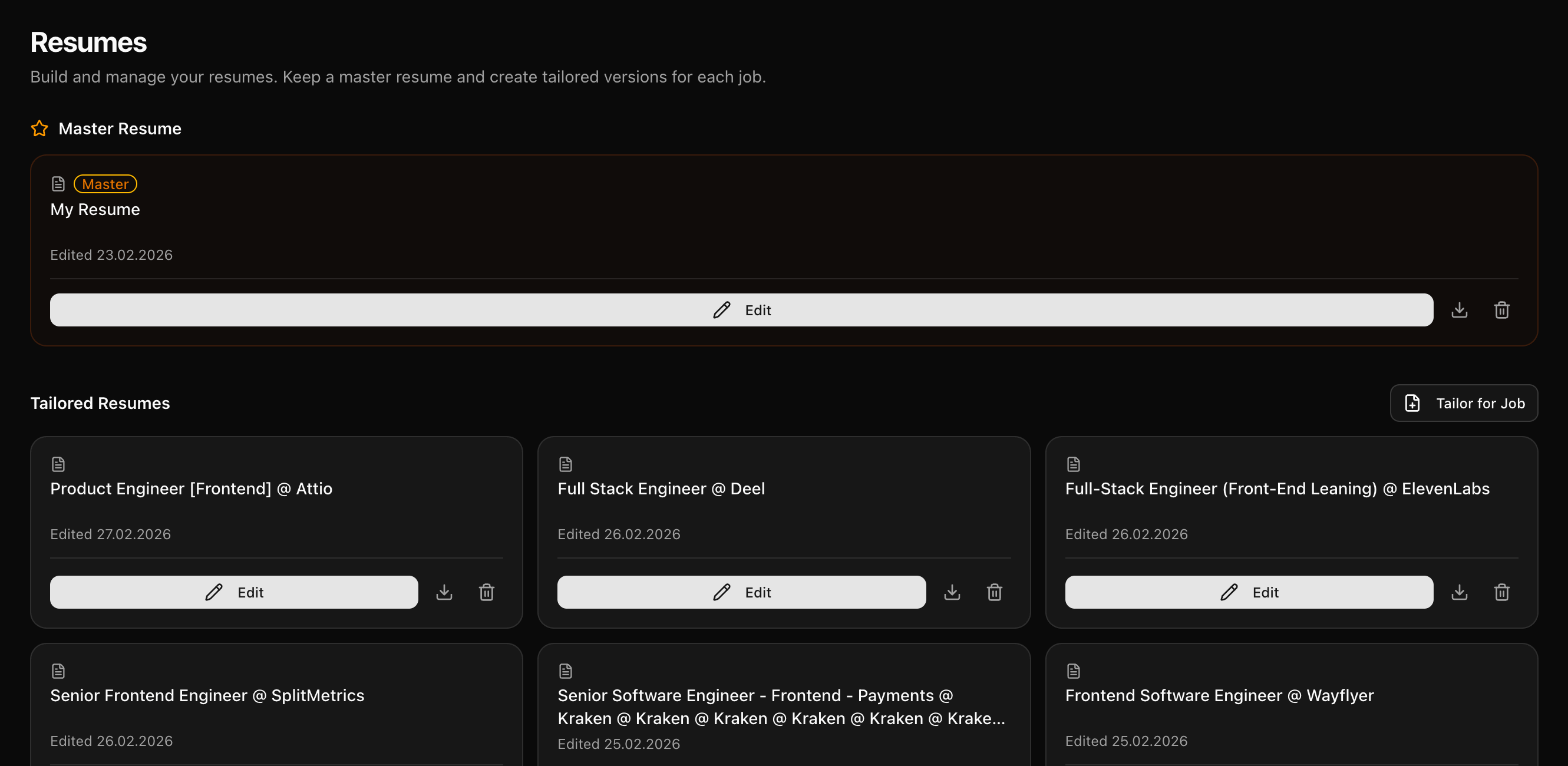 Master resume and tailored resume library in one view