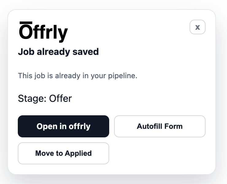Already-tracked jobs show quick actions: open, autofill, or move stage