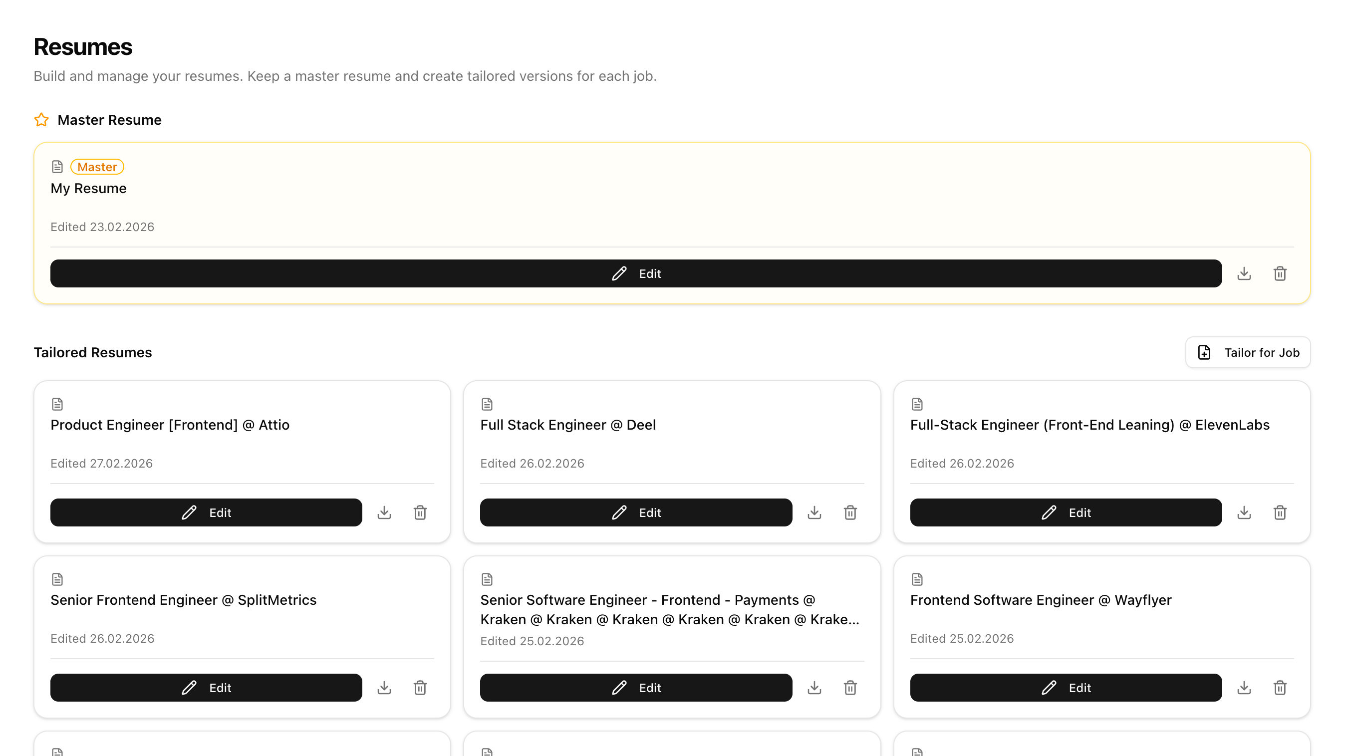 Master resume and tailored resume library in one view